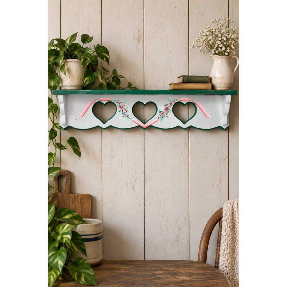 Vintage 1980s Handmade Wood Heart Wall Shelf Hand Painted Cottage Folk Art